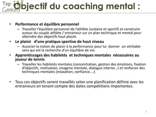 Objectif du coaching mental :
• Performance et équilibre personnel
– Travailler l’équilibre personnel de l’athlète (scolaire et sportif) et construire
autour du couple athlète / entraineur sur un plan technique et mental pour
atteindre des objectifs haut placés
• Le plaisir d’une pratique sportive de haut niveau
– Associer la notion de plaisir à la performance pour lui donner un véritable
sens qui est la recherche d’un équilibre de vie.
• Apprentissages des habiletés et techniques mentales nécessaires au
joueur de tennis
– Travailler les habiletés mentales (concentration, gestion des émotions, fixation
d’objectifs, motivation, imagerie mentale, dialogue interne…) et renforcer des
techniques mentales (relaxation, confiance….).
• Tous ces objectifs seront travaillés selon une planification définie avec les
entraineurs en tenant compte des dates compétitions importantes.
3
 