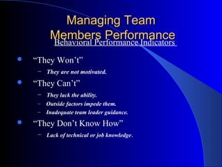 Managing Team
         Members Performance
         Behavioral Performance Indicators
   “They Won’t”
     – They are not motivated.
   “They Can’t”
     – They lack the ability.
     – Outside factors impede them.
     – Inadequate team leader guidance.

   “They Don’t Know How”
     – Lack of technical or job knowledge.
 