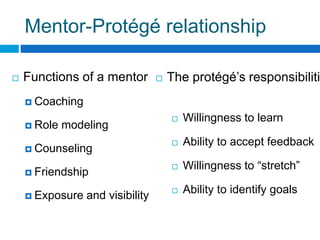 Mentor-Protégé relationship
 Functions of a mentor
 Coaching
 Role modeling
 Counseling
 Friendship
 Exposure and visibility
 The protégé’s responsibiliti
 Willingness to learn
 Ability to accept feedback
 Willingness to “stretch”
 Ability to identify goals
 