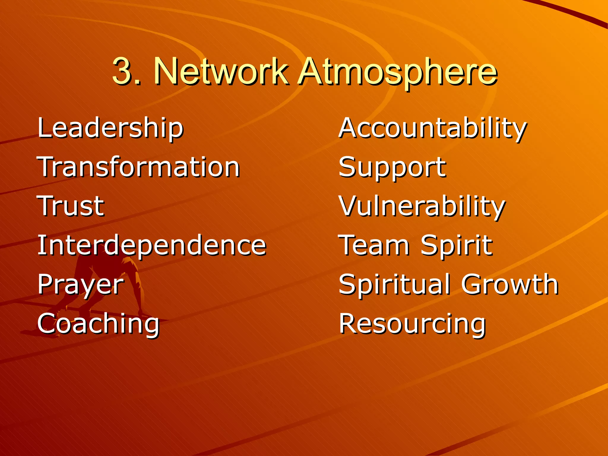 3. Network Atmosphere Leadership Accountability Transformation Support  Trust Vulnerability Interdependence Team Spirit Prayer Spiritual Growth Coaching Resourcing 