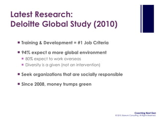 Latest Research:  Deloitte Global Study (2010) <ul><li>Training & Development = #1 Job Criteria </li></ul><ul><li>94% expe...