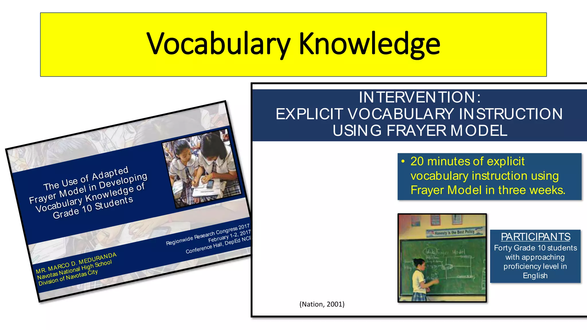 Vocabulary Knowledge
The Use of Adapted
Frayer Model in Developing
Vocabulary Knowledge of
Grade 10 Students
MR. MARCO D. MEDURANDA
Navotas National High School
Division of Navotas City
Regionwide Research Congress 2017
February 1-2, 2017
Conference Hall, DepEd NCR
INTERVENTION:
EXPLICIT VOCABULARY INSTRUCTION
USING FRAYER MODEL
PREPARATION
INTRODUCTION OF
STRATEGY
MODELLING
DEMONSTRATING
GUIDED PRACTICE:
PAIRWORK
INDEPENDENT
PRACTICE
WRAP UP
• 20 minutes of explicit
vocabulary instruction using
Frayer Model in three weeks.
PARTICIPANTS
Forty Grade 10 students
with approaching
proficiency level in
English
(Nation, 2001)
 