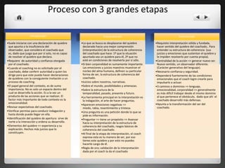 Proceso con 3 grandes etapas

                  Introducción                                      Interpretación                                      Intervención

•Suele iniciarse con una declaración de quiebre    •Lo que se busca es desplazarse del quiebre         •Requisito interpretación sólida y fundada,
 que apunta a la insuficiencia del                  declarado hacia una mejor comprensión               hacer sentido del quiebre del coachado.. Para
 observador, que considera el coachado que          (interpretación) de la estructura de coherencia     entender su estructura de coherencia (sus
 es, dado que juzga que por sí solo, no es capaz    del coachado que hace: 1º que la situación          juicios y emociones que sustentan el quiebre y
 de resolver el quiebre que declara.                apuntada sea un quiebre para él, 2º que no          le impiden resolverlo por cuenta propia).
•Requiere de autoridad y confianza otorgada         esté en condiciones de resolverla por sí sólo.     •Centralidad de la acción => generar nuevo ser.
 por el coachado.                                  •Si bien corporalidad es sumamente importante.       Nuevo sentido, un observador diferente.
•Cuando el coaching no es solicitado por el         Las emociones y juicios maestros muestran el        (Carácter generativo del lenguaje).
 coachado, debe conferir autoridad a quien los      núcleo del alma humana, definen su particular      •Necesario confianza y seguridad.
 dirige para que este pueda hacer declaraciones     forma de ser, la estructura de coherencia del      •Dependerá fuertemente de las condiciones
 de quiebres con la consiguiente invitación a un    coachado.                                           emocionales que el coach logre crearle para
 proceso de coaching.                              •Juicios sobre nosotros, narrativas.                 impulsarlo a actuar.
•El papel general del contexto, es de suma         •Sobre el mundo, posibilidades y amenazas.          •3 caminos o dominios => lenguaje,
 importancia. No es solo un espacio dentro del     •Sobre la estructura de la                           emocionalidad, corporalidad => generalmente
 cual se desarrolla la acción. Es a la vez un       temporalidad, pasado, presente y futuro.            es más difícil trabajar desde el mismo dominio
 producto de las acciones que se realizan. El      •La herramienta principal en la interpretación es    al que pertenece el obstáculo, dado que ahí el
 factor más importante de todo contexto es la       la indagación, el arte de hacer preguntas.          coachado desarrolló más defensas.
 emocionalidad.                                                                                        •Apunta a la transformación del ser del
                                                   •Aparecen emociones negativas =>
•Revisar expectativas del coachado.                 miedo, rabia, resentimiento y tristeza.             coachado.
•Verificar permiso para conducir indagación y      •Una pregunta es una petición donde lo que se
 hasta donde puede llegar en ella.                  pide es información.
•Identificación del quiebre de apertura sirve de   •Preguntar => tiene un propósito => Avanzar
 norte a la interacción y ordena su desarrollo.     hacia su interpretación de la estructura de
•Elementos del quiebre => experiencia y su          coherencia del coachado, rasgos básicos de
 explicación. Hechos más juicios que lo             coherencia del coachado.
 constituyen.                                      •Al final de la etapa de interpretación, el coach
                                                    expresa esta es tu manera de ser, por eso
                                                    tienes este quiebre y por esto no puedes
                                                    hacerte cargo de él.
                                                   •Regla de oro; validación de la interpretación
                                                    dada por el coach la da el coachado
 