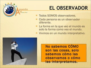 Todos SOMOS observadores. Cada persona es un observador diferente. La forma en la que veo el mundo es solo la forma como veo el mundo. Vivimos en un mundo interpretativo. EL OBSERVADOR No sabemos CÓMO son las cosas, solo sabemos cómo las observamos o cómo las interpretamos. 