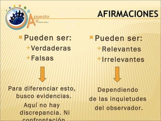 Pueden ser: Verdaderas  Falsas AFIRMACIONES Pueden ser: Relevantes Irrelevantes Para diferenciar esto, busco evidencias.  Aquí no hay discrepancia. Ni confrontación. Dependiendo  de las inquietudes  del observador. 