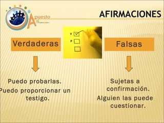 Verdaderas AFIRMACIONES Puedo probarlas. Puedo proporcionar un testigo. Falsas Sujetas a confirmación. Alguien las puede cuestionar. 
