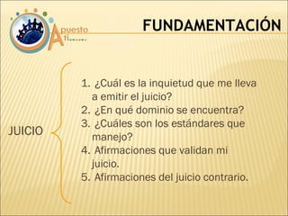 JUICIO  FUNDAMENTACIÓN ¿Cuál es la inquietud que me lleva a emitir el juicio? ¿En qué dominio se encuentra? ¿Cuáles son los estándares que manejo? Afirmaciones que validan mi juicio. Afirmaciones del juicio contrario. 