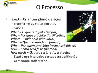 O Processo
• Fase3 – Criar um plano de ação
    – Transforme as metas em atos
    – 5W2H
    What – O que será feito (etapas)
    Why – Por que será feito (justificativa)
    Where – Onde será feito (local)
    When – Quando será feito (tempo)
    Who – Por quem será feito (responsabilidade)
    How – Como será feito (método)
    How much – Quanto custará fazer (custo)
    – Estabeleça intervalos curtos para verificação
    – Comemore cada vitória

20:21
 