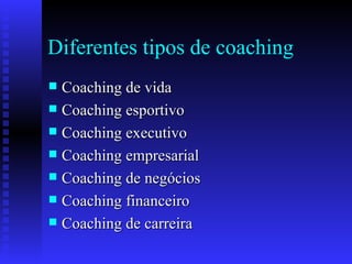 Diferentes tipos de coaching Coaching de vida Coaching esportivo Coaching executivo Coaching empresarial Coaching de negócios Coaching financeiro Coaching de carreira 