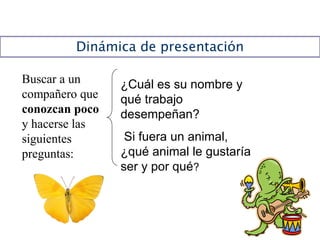Dinámica de presentación
Buscar a un
compañero que
conozcan poco
y hacerse las
siguientes
preguntas:
¿Cuál es su nombre y
qué trabajo
desempeñan?
Si fuera un animal,
¿qué animal le gustaría
ser y por qué?
 