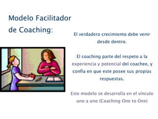 El verdadero crecimiento debe venir
desde dentro.
El coaching parte del respeto a la
experiencia y potencial del coachee, y
confía en que este posee sus propias
respuestas.
Este modelo se desarrolla en el vínculo
uno a uno (Coaching One to One)
Modelo Facilitador
de Coaching:
 