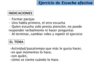 Ejercicio de Escucha efectiva
INDICACIONES
• Formar parejas
• Uno habla primero, el otro escucha
• Quien escucha solo presta atención, no puede
responder verbalmente ni hacer preguntas
• Al terminar, cambiar roles y repetir el ejercicio
EL TEMA
•Actividad/pasatiempo que más le gusta hacer,
•en qué momentos lo hace,
•con quién,
•cómo se siente cuándo lo hace.
 