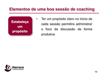 Elementos de uma boa sessão de coaching

             •   Ter um propósito claro no início de
Estabeleça
                 cada sessão permitira administrar
    um
                 o foco da discussão de forma
propósito
                 produtiva




                                                       14
 