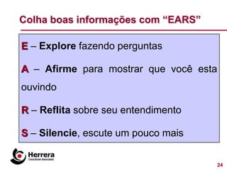 Colha boas informações com “EARS”

E – Explore fazendo perguntas

A – Afirme para mostrar que você esta
ouvindo

R – Reflita sobre seu entendimento

S – Silencie, escute um pouco mais


                                        24
 
