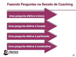 Fazendo Perguntas na Sessão de Coaching


 Uma pergunta efetiva é breve



Uma pergunta efetiva é focada



Uma pergunta efetiva é pertinente



Uma pergunta efetiva é construtiva


                                      27
 
