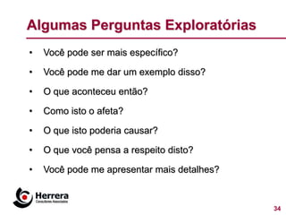 Algumas Perguntas Exploratórias
•   Você pode ser mais específico?

•   Você pode me dar um exemplo disso?

•   O que aconteceu então?

•   Como isto o afeta?

•   O que isto poderia causar?

•   O que você pensa a respeito disto?

•   Você pode me apresentar mais detalhes?


                                             34
 