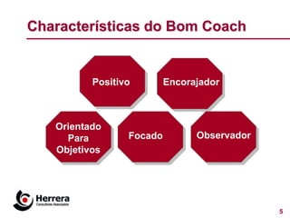 Characterísticas do Bom Coach


          Positivo        Encorajador



   Orientado
     Para        Focado         Observador
   Objetivos




                                             5
 