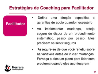 Estratégias de Coaching para Facilitador

              •    Defina uma direção específica e
Facilitador       garantias de apoio quando necessário
              •   Ao implementar mudança, esteja
                  seguro de dispor de um procedimento
                  sistemático, passo por passo. Eles
                  precisam se sentir seguros
              •   Assegure-se de que você refletiu sobre
                  as variáveis antes de iniciar mudanças.
                  Forneça a eles um plano para lidar com
                  problema quando eles acontecerem

                                                        54
 