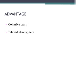 ADVANTAGE
• Cohesive team
• Relaxed atmosphere
 