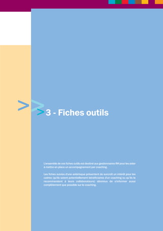 Le coaching d’une responsable de formation au sein 
d’une fédération sportive 
Qu’attendiez-vous du coaching ? 
« J’avais besoin de prendre du recul et d’apprendre à relativiser par rapport à mon implication 
professionnelle. Je souhaitais développer mes capacités à aller au contact d’autrui, à mieux 
communiquer. » 
Quels sont les résultats obtenus à l’issue du coaching ? 
« J’ai développé une plus grande ouverture aux autres. Je sais mieux gérer la pression dans le 
contexte professionnel. Je me sens libérée du poids d’exigences excessives que je m’imposais 
et que j’attendais des autres et cela me donne davantage de sérénité, voire même de bien-être 
dans l’exercice professionnel. » 
En 2007, le ministère en charge de la jeunesse et des sports a décidé de mettre en place 
une formation de coachs proposée à des cadres déjà impliqués dans l’accompagnement 
et la formation en matière de ressources humaines. L’objectif de cette formation était de 
créer un réseau de coachs internes au ministère. Deux promotions ont permis la 
certification de treize coachs aujourd’hui répartis sur le territoire national. Ces coachs ont 
été mobilisés notamment dans l’accompagnement stratégique de la formation de cadres 
de catégorie A la suite de la réussite au concours du professorat de sport et également dans 
l’accompagnement de cadres expérimentés au sein des services du ministère des Sports 
ou encore de fédérations sportives. 
Depuis sa mise en place en 2008, le réseau a permis de répondre à la demande de 80 
cadres du ministère de la Santé et des Sports. L’objectif est d’ouvrir cette offre de coaching 
pour la proposer tout au long de la carrière aux cadres supérieurs et aux entraîneurs du sport 
de haut niveau. Ce réseau est actuellement coordonné par le CREPS de Strasbourg. 
Coordonnatrice du réseau : Monique.FARE@creps-strasbourg.sports.gouv.fr 
28 
> 
 