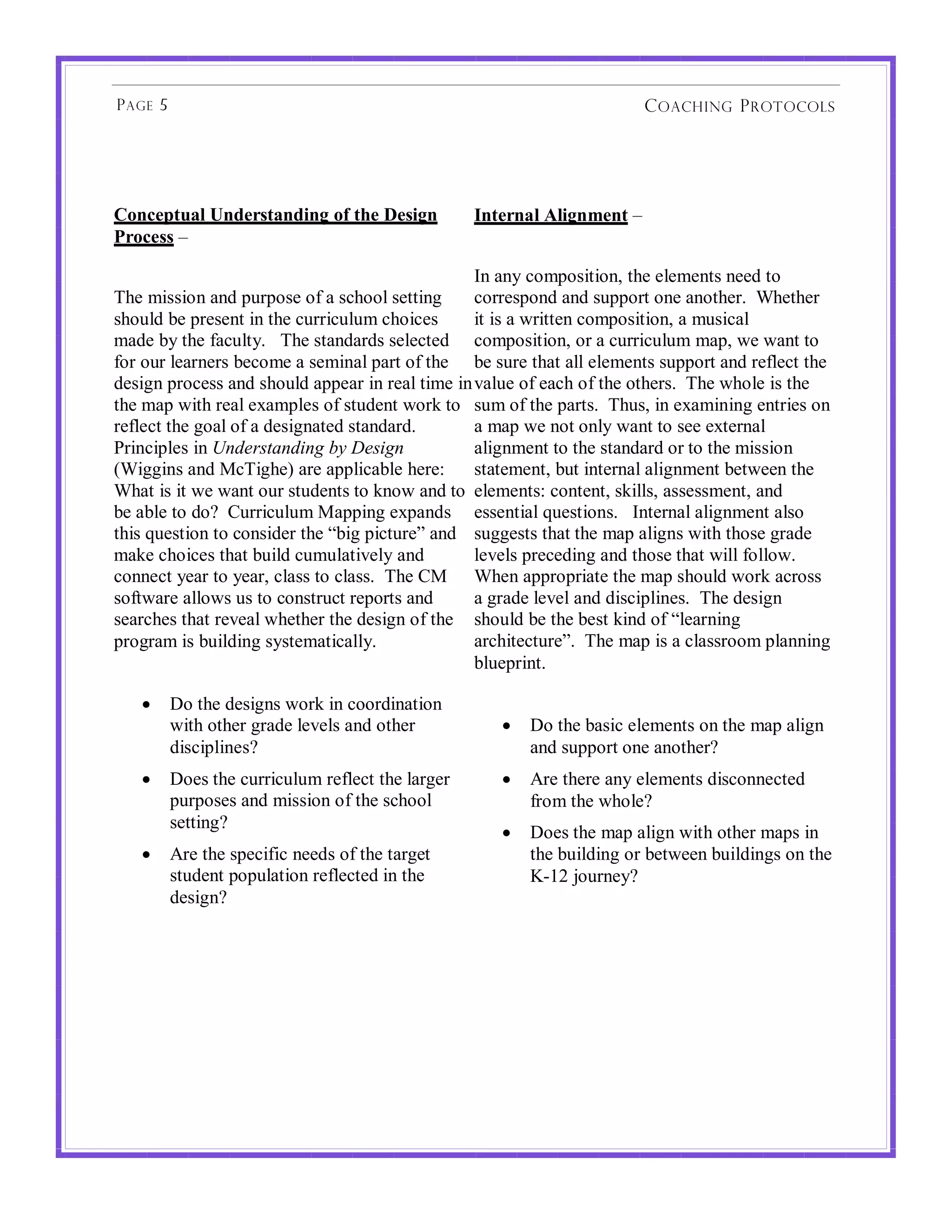 P AGE 5                                                                   C OACHING P ROTOCOLS!




930%$4-6+)!:0.$#'-+0.&0,!35!-;$!1$'&,0!             <0-$#0+)!7)&,0/$0-!"!
"#3%$''!"!

                                                 B2!(29!1,3/,'%-%,2D!-6*!*&*3*2-'!2**+!-,!
;6*!3%''%,2!(2+!/4)/,'*!,0!(!'16,,&!'*--%2.! 1,))*'/,2+!(2+!'4//,)-!,2*!(2,-6*):!!J6*-6*)!
'6,4&+!8*!/)*'*2-!%2!-6*!14))%14&43!16,%1*'!     %-!%'!(!5)%--*2!1,3/,'%-%,2D!(!34'%1(&!
3(+*!89!-6*!0(14&-9:!!!;6*!'-(2+()+'!'*&*1-*+! 1,3/,'%-%,2D!,)!(!14))%14&43!3(/D!5*!5(2-!-,!
0,)!,4)!&*()2*)'!8*1,3*!(!'*3%2(&!/()-!,0!-6*! 8*!'4)*!-6(-!(&&!*&*3*2-'!'4//,)-!(2+!)*0&*1-!-6*!
+*'%.2!/),1*''!(2+!'6,4&+!(//*()!%2!)*(&!-%3*!%2!7(&4*!,0!*(16!,0!-6*!,-6*)':!!;6*!56,&*!%'!-6*!
-6*!3(/!5%-6!)*(&!*<(3/&*'!,0!'-4+*2-!5,)$!-,! '43!,0!-6*!/()-':!!;64'D!%2!*<(3%2%2.!*2-)%*'!,2!
)*0&*1-!-6*!.,(&!,0!(!+*'%.2(-*+!'-(2+()+:!      (!3(/!5*!2,-!,2&9!5(2-!-,!'**!*<-*)2(&!
N)%21%/&*'!%2 !"#$%&'("#)"*+,-+.$&)*"!           (&%.23*2-!-,!-6*!'-(2+()+!,)!-,!-6*!3%''%,2!
OJ%..%2'!(2+!I1;%.6*P!()*!(//&%1(8&*!6*)*K! '-(-*3*2-D!84-!%2-*)2(&!(&%.23*2-!8*-5**2!-6*!
J6(-!%'!%-!5*!5(2-!,4)!'-4+*2-'!-,!$2,5!(2+!-,! *&*3*2-'K!1,2-*2-D!'$%&&'D!(''*''3*2-D!(2+!
8*!(8&*!-,!+,A!!>4))%14&43!I(//%2.!*</(2+'! *''*2-%(&!G4*'-%,2':!!!B2-*)2(&!(&%.23*2-!(&',!
-6%'!G4*'-%,2!-,!1,2'%+*)!-6*!F8%.!/%1-4)*H!(2+! '4..*'-'!-6(-!-6*!3(/!(&%.2'!5%-6!-6,'*!.)(+*!
3($*!16,%1*'!-6(-!84%&+!1434&(-%7*&9!(2+!        &*7*&'!/)*1*+%2.!(2+!-6,'*!-6(-!5%&&!0,&&,5:!
1,22*1-!9*()!-,!9*()D!1&(''!-,!1&('':!!;6*!>I! J6*2!(//),/)%(-*!-6*!3(/!'6,4&+!5,)$!(1),''!
',0-5()*!(&&,5'!4'!-,!1,2'-)41-!)*/,)-'!(2+!     (!.)(+*!&*7*&!(2+!+%'1%/&%2*':!!;6*!+*'%.2!
'*()16*'!-6(-!)*7*(&!56*-6*)!-6*!+*'%.2!,0!-6*! '6,4&+!8*!-6*!8*'-!$%2+!,0!F&*()2%2.!
/),.)(3!%'!84%&+%2.!'9'-*3(-%1(&&9:              ()16%-*1-4)*H:!!;6*!3(/!%'!(!1&(''),,3!/&(22%2.!
                                                 8&4*/)%2-:

   •      @,!-6*!+*'%.2'!5,)$!%2!1,,)+%2(-%,2!
          5%-6!,-6*)!.)(+*!&*7*&'!(2+!,-6*)!           •   @,!-6*!8('%1!*&*3*2-'!,2!-6*!3(/!(&%.2!
          +%'1%/&%2*'A                                     (2+!'4//,)-!,2*!(2,-6*)A
   •      @,*'!-6*!14))%14&43!)*0&*1-!-6*!&().*)!      •   C)*!-6*)*!(29!*&*3*2-'!+%'1,22*1-*+!
          /4)/,'*'!(2+!3%''%,2!,0!-6*!'16,,&!              0),3!-6*!56,&*A
          '*--%2.A
                                                       •   @,*'!-6*!3(/!(&%.2!5%-6!,-6*)!3(/'!%2!
   •      C)*!-6*!'/*1%0%1!2**+'!,0!-6*!-().*-!            -6*!84%&+%2.!,)!8*-5**2!84%&+%2.'!,2!-6*!
          '-4+*2-!/,/4&(-%,2!)*0&*1-*+!%2!-6*!             Q=RS!T,4)2*9A
          +*'%.2A!
 