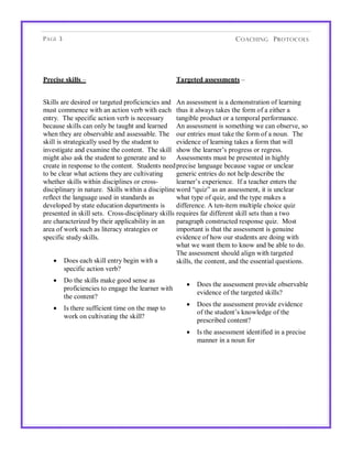 P AGE 3                                                                    C OACHING P ROTOCOLS!




"#$%&'$!'(&))'!"!                                     *+#,$-$.!+''$''/$0-'!"!


#$%&&'!()*!+*'%)*+!,)!-().*-*+!/),0%1%*21%*'!(2+! C2!(''*''3*2-!%'!(!+*3,2'-)(-%,2!,0!&*()2%2.!
34'-!1,33*21*!5%-6!(2!(1-%,2!7*)8!5%-6!*(16! -64'!%-!(&5(9'!-($*'!-6*!0,)3!,0!(!*%-6*)!(!
*2-)9:!!;6*!'/*1%0%1!(1-%,2!7*)8!%'!2*1*''()9!       -(2.%8&*!/),+41-!,)!(!-*3/,)(&!/*)0,)3(21*:!
8*1(4'*!'$%&&'!1(2!,2&9!8*!-(4.6-!(2+!&*()2*+! C2!(''*''3*2-!%'!',3*-6%2.!5*!1(2!,8'*)7*D!',!
56*2!-6*9!()*!,8'*)7(8&*!(2+!(''*''(8&*:!;6*! ,4)!*2-)%*'!34'-!-($*!-6*!0,)3!,0!(!2,42:!!;6*!
'$%&&!%'!'-)(-*.%1(&&9!4'*+!89!-6*!'-4+*2-!-,!       *7%+*21*!,0!&*()2%2.!-($*'!(!0,)3!-6(-!5%&&!
%27*'-%.(-*!(2+!*<(3%2*!-6*!1,2-*2-:!!;6*!'$%&&! '6,5!-6*!&*()2*)E'!/),.)*''!,)!)*.)*'':!
3%.6-!(&',!('$!-6*!'-4+*2-!-,!.*2*)(-*!(2+!-,! C''*''3*2-'!34'-!8*!/)*'*2-*+!%2!6%.6&9!
1)*(-*!%2!)*'/,2'*!-,!-6*!1,2-*2-:!!#-4+*2-'!2**+!/)*1%'*!&(2.4(.*!8*1(4'*!7(.4*!,)!421&*()!
-,!8*!1&*()!56(-!(1-%,2'!-6*9!()*!14&-%7(-%2.!       .*2*)%1!*2-)%*'!+,!2,-!6*&/!+*'1)%8*!-6*!
56*-6*)!'$%&&'!5%-6%2!+%'1%/&%2*'!,)!1),''=!         &*()2*)E'!*</*)%*21*:!!B0!(!-*(16*)!*2-*)'!-6*!
+%'1%/&%2()9!%2!2(-4)*:!!#$%&&'!5%-6%2!(!+%'1%/&%2*!5,)+!FG4%?H!('!(2!(''*''3*2-D!%-!%'!421&*()!
)*0&*1-!-6*!&(2.4(.*!4'*+!%2!'-(2+()+'!('!           56(-!-9/*!,0!G4%?D!(2+!-6*!-9/*!3($*'!(!
+*7*&,/*+!89!'-(-*!*+41(-%,2!+*/()-3*2-'!%'! +%00*)*21*:!C!-*2=%-*3!34&-%/&*!16,%1*!G4%?!
/)*'*2-*+!%2!'$%&&!'*-':!!>),''=+%'1%/&%2()9!'$%&&'! )*G4%)*'!0()!+%00*)*2-!'$%&&!'*-'!-6(2!(!-5,!
()*!16()(1-*)%?*+!89!-6*%)!(//&%1(8%&%-9!%2!(2! /()(.)(/6!1,2'-)41-*+!)*'/,2'*!G4%?:!!I,'-!
()*(!,0!5,)$!'416!('!&%-*)(19!'-)(-*.%*'!,)!         %3/,)-(2-!%'!-6(-!-6*!(''*''3*2-!%'!.*24%2*!
'/*1%0%1!'-4+9!'$%&&':                               *7%+*21*!,0!6,5!,4)!'-4+*2-'!()*!+,%2.!5%-6!
                                                     56(-!5*!5(2-!-6*3!-,!$2,5!(2+!8*!(8&*!-,!+,:!
                                                     ;6*!(''*''3*2-!'6,4&+!(&%.2!5%-6!-().*-*+!
    • @,*'!*(16!'$%&&!*2-)9!8*.%2!5%-6!(!            '$%&&'D!-6*!1,2-*2-D!(2+!-6*!*''*2-%(&!G4*'-%,2':
         '/*1%0%1!(1-%,2!7*)8A
   •      @,!-6*!'$%&&'!3($*!.,,+!'*2'*!('!
                                                         •   @,*'!-6*!(''*''3*2-!/),7%+*!,8'*)7(8&*!
          /),0%1%*21%*'!-,!*2.(.*!-6*!&*()2*)!5%-6!
                                                             *7%+*21*!,0!-6*!-().*-*+!'$%&&'A
          -6*!1,2-*2-A
                                                         •   @,*'!-6*!(''*''3*2-!/),7%+*!*7%+*21*!
   •      B'!-6*)*!'400%1%*2-!-%3*!,2!-6*!3(/!-,!
                                                             ,0!-6*!'-4+*2-E'!$2,5&*+.*!,0!-6*!
          5,)$!,2!14&-%7(-%2.!-6*!'$%&&A!
                                                             /)*'1)%8*+!1,2-*2-A
                                                         •   B'!-6*!(''*''3*2-!%+*2-%0%*+!%2!(!/)*1%'*!
                                                             3(22*)!%2!(!2,42!0,)
 