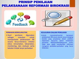 PERBAIKAN BERKELANJUTAN
• Hasil penilaian digunakan
sebagai masukan untuk
memperbaiki pelaksanaan RB
secara terus-menerus melalui
siklus rencanakan, laksanakan,
monitoring, dan evaluasi serta
lakukan tindak lanjut perbaikan
KEJUJURAN DALAM PENILAIAN
•Untuk memotret/menilai kemajuan
pelaksanaan RB secara akurat sesuai dengang
kondisi yang senyatanya dalam praktek,
diperlukan kejujuran dalam melakukan
penilaian. Rekayasa/ketidakjujuran justru
tidak akan dapat memberikan informasi
mengenai perbaikan-perbaikan yang harus
dilakukan
PRINSIP PENILAIAN
PELAKSANAAN REFORMASI BIROKRASI
 