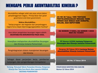 MENGAPA PERLU AKUNTABILITAS KINERJA ?
Tentang Petunjuk Teknis Perjanjian Kinerja, Pelaporan
Kinerja Dan Tata Cara Reviu Atas Laporan KINERJA
INSTANSI PEMERINTAH
UU No. 5 Tahun 2014
Perpres 29 Tahun 2014 tentang Sistem
Akuntabilitas Kinerja Instansi Pemerintah
PP Nomor 8/2006 tentang Pelaporan
Keuangan dan Kinerja Instansi Pemerintah
UU NOMOR 17/2003, UU NOMOR 1/2004
DAN UU 15/2004
UU NO 28 Tahun 1999 TENTANG
PENYELENGGARAAN NEGARA YANG
BERSIH DAN BEBAS DARI KORUPSI,
KOLUSI, DAN NEPOTISME
Akuntabilitas sebagai salah satu asas umum dalam
penyelenggaraan negara. Prinsip dasar dari good
governance and clean government.
Azas dalam pengelolaan keuangan negara adalah
AKUNTABILITAS BERORIENTASI PADA HASIL.
Makna Akuntabilitas :
“Setiap program dan kegiatan dari penyelenggara
negara harus dapat dipertanggungjawabkan hasilnya”
Kewajiban melaporkan akuntabilitas Keuangan
dan Kinerja Instansi Pemerintah
Pengintegrasian sistem manajemen keuangan
dan kinerja
Sebagai dasar perjanjian kerja, pemberian
tunjangan, dan pengembangan kompetensi
PERATURAN MENTERI PAN DAN RB
Nomor 53 Tahun 2014
 