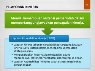 PELAPORAN KINERJA
39
Menilai kemampuan instansi pemerintah dalam
mempertanggungjawabkan pencapaian kinerja.
• Laporan kinerja tahunan yang berisi pertanggung jawaban
kinerja suatu instansi dalam mencapai tujuan/sasaran
strategis instansi
• Mengungkapkan keberhasilan/kegagalan, upaya
mencapainya, tantangan/hambatan, dan strategi ke depan.
• Laporan Akuntabilitas ini harus dapat diakses masyarakat
dengan mudah
Laporan Akuntabilitas Kinerja (LAKIP)
 