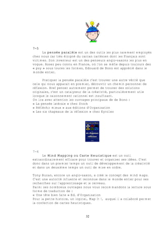 7-5
      La pensée parallèle est un des outils les plus rarement employés
chez nous car très éloigné du carcan cartésien dont les Français sont
victimes. Son inventeur est un des penseurs anglo-saxons les plus en
vogue. Assez peu connu en France, où l’on se méfie depuis toujours des
« psy » sous toutes les formes, Edouard de Bono est apprécié dans le
monde entier.

       Pratiquer la pensée parallèle c’est trouver une autre vérité que
celle qui nous apparaît en premier, découvrir un chemin personnel de
réflexion. Bref penser autrement permet de trouver des solutions
originales, c’est un catalyseur de la créativité, particulièrement utile
lorsque le raisonnement rationnel est insuffisant.
On lira avec attention les ouvrages principaux de de Bono :
« La pensée latérale » chez Stock
« Réfléchir mieux » aux éditions d’Organisation
« Les six chapeaux de la réflexion » chez Eyrolles




7-6
      Le Mind Mapping ou Carte Heuristique est un outil
extraordinairement efficace pour trouver et organiser ses idées. C’est
donc dans un premier temps un outil de développement de la créativité
et dans un deuxième temps un outil de mise en ordre.

Tony Buzan, encore un anglo-saxon, a créé le concept des mind maps.
C’est une autorité influente et reconnue dans le monde entier pour ses
recherches sur l'apprentissage et le cerveau.
Parmi ses nombreux ouvrages nous vous recommandons la lecture sous
forme de traduction de :
« Une tête bien faite » Ed. d’Organisation
Pour la petite histoire, un logiciel, Map It !, auquel il a collaboré permet
la confection de cartes heuristiques.



                                  32
 