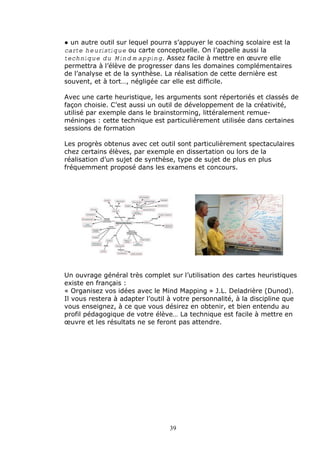 € un autre outil sur lequel pourra sƒappuyer le coaching scolaire est la
carte heuristique ou carte conceptuelle. On lƒappelle aussi la
technique du Mindmapping. Assez facile … mettre en ‡uvre elle
permettra … lƒ•l‚ve de progresser dans les domaines compl•mentaires
de lƒanalyse et de la synth‚se. La r•alisation de cette derni‚re est
souvent, et … tort‰, n•glig•e car elle est difficile.

Avec une carte heuristique, les arguments sont r•pertori•s et class•s de
faŒon choisie. Cƒest aussi un outil de d•veloppement de la cr•ativit•,
utilis• par exemple dans le brainstorming, litt•ralement remue-
m•ninges : cette technique est particuli‚rement utilis•e dans certaines
sessions de formation

Les progr‚s obtenus avec cet outil sont particuli‚rement spectaculaires
chez certains •l‚ves, par exemple en dissertation ou lors de la
r•alisation dƒun sujet de synth‚se, type de sujet de plus en plus
fr•quemment propos• dans les examens et concours.




Un ouvrage g•n•ral tr‚s complet sur lƒutilisation des cartes heuristiques
existe en franŒais :
Š Organisez vos id•es avec le Mind Mapping ‹ J.L. Deladri‚re (Dunod).
Il vous restera … adapter lƒoutil … votre personnalit•, … la discipline que
vous enseignez, … ce que vous d•sirez en obtenir, et bien entendu au
profil p•dagogique de votre •l‚ve‰ La technique est facile … mettre en
‡uvre et les r•sultats ne se feront pas attendre.




                                  39
 