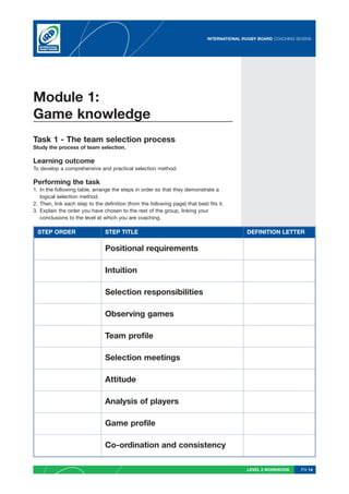 INTERNATIONAL RUGBY BOARD COACHING SEVENS




Module 1:
Game knowledge
Task 1 - The team selection process
Study the process of team selection.

Learning outcome
To develop a comprehensive and practical selection method.

Performing the task
1. In the following table, arrange the steps in order so that they demonstrate a
   logical selection method.
2. Then, link each step to the definition (from the following page) that best fits it.
3. Explain the order you have chosen to the rest of the group, linking your
   conclusions to the level at which you are coaching.

 STEP ORDER                     STEP TITLE                                                   DEFINITION LETTER

                                Positional requirements

                                Intuition

                                Selection responsibilities

                                Observing games

                                Team profile

                                Selection meetings

                                Attitude

                                Analysis of players

                                Game profile

                                Co-ordination and consistency

                                                                                             LEVEL 2 WORKBOOK     PG 14
 