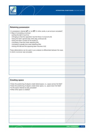 INTERNATIONAL RUGBY BOARD COACHING SEVENS




Retaining possession

• Is possession retained () or not ()? In other words, is as turnover conceded?
• Ways of conceding a turnover:
 - putting the ball in touch (L)
 - infringing so that the opposition has the throw-in at scrums (S)
 - losing the ball in general play when play continues (G)
 - losing the ball in contact at the tackle (T)
 - conceding a free kick when attacking (FK)
 - conceding a penalty kick when attacking (PK)
 - kicking the ball and the opposing team recovers it (K)

These abbreviations can be used in your analysis to differentiate between the ways
in which a turnover was conceded.




Creating space

•   Does the positioning of players create lateral space, i.e., space across the field?
•   Does the positioning of players create linear space, i.e., space down the field?
•   Is the space retained as play proceeds?
•   What other space is created?




                                                                                           LEVEL 2 WORKBOOK     PG 17
 