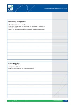 INTERNATIONAL RUGBY BOARD COACHING SEVENS




Penetrating using space

• When there is space is it used?
• From each contact does the team break the gain line as it attempts to
  move forward?
• How is the gain line broken and is possession retained in the process?




Supporting play

• Is support available?
• Does the ball carrier use the supporting player(s)?




                                                                                      LEVEL 2 WORKBOOK     PG 18
 