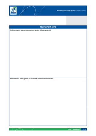 INTERNATIONAL RUGBY BOARD COACHING SEVENS




                                        Tournament aims
Outcome aims (game, tournament, series of tournaments)




Performance aims (game, tournament, series of tournaments)




                                                                            LEVEL 2 WORKBOOK     PG 27
 