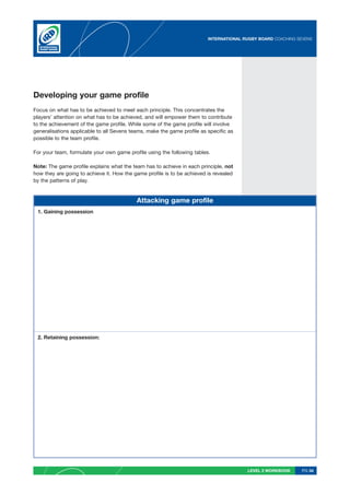 INTERNATIONAL RUGBY BOARD COACHING SEVENS




Developing your game profile
Focus on what has to be achieved to meet each principle. This concentrates the
players’ attention on what has to be achieved, and will empower them to contribute
to the achievement of the game profile. While some of the game profile will involve
generalisations applicable to all Sevens teams, make the game profile as specific as
possible to the team profile.

For your team, formulate your own game profile using the following tables.

Note: The game profile explains what the team has to achieve in each principle, not
how they are going to achieve it. How the game profile is to be achieved is revealed
by the patterns of play.


                                           Attacking game profile
 1. Gaining possession




 2. Retaining possession:




                                                                                        LEVEL 2 WORKBOOK     PG 34
 