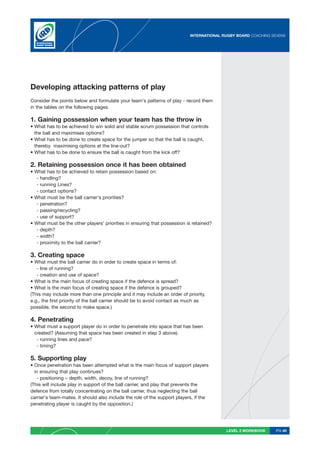 INTERNATIONAL RUGBY BOARD COACHING SEVENS




Developing attacking patterns of play
Consider the points below and formulate your team’s patterns of play - record them
in the tables on the following pages.

1. Gaining possession when your team has the throw in
• What has to be achieved to win solid and stable scrum possession that controls
  the ball and maximises options?
• What has to be done to create space for the jumper so that the ball is caught,
  thereby maximising options at the line-out?
• What has to be done to ensure the ball is caught from the kick off?

2. Retaining possession once it has been obtained
• What has to be achieved to retain possession based on:
  - handling?
  - running Lines?
  - contact options?
• What must be the ball carrier’s priorities?
  - penetration?
  - passing/recycling?
  - use of support?
• What must be the other players’ priorities in ensuring that possession is retained?
  - depth?
  - width?
  - proximity to the ball carrier?

3. Creating space
• What must the ball carrier do in order to create space in terms of:
   - line of running?
   - creation and use of space?
• What is the main focus of creating space if the defence is spread?
• What is the main focus of creating space if the defence is grouped?
(This may include more than one principle and it may include an order of priority,
e.g., the first priority of the ball carrier should be to avoid contact as much as
possible, the second to make space.)

4. Penetrating
• What must a support player do in order to penetrate into space that has been
  created? (Assuming that space has been created in step 3 above).
   - running lines and pace?
   - timing?

5. Supporting play
• Once penetration has been attempted what is the main focus of support players
  in ensuring that play continues?
   - positioning – depth, width, decoy, line of running?
(This will include play in support of the ball carrier, and play that prevents the
defence from totally concentrating on the ball carrier, thus neglecting the ball
carrier’s team-mates. It should also include the role of the support players, if the
penetrating player is caught by the opposition.)




                                                                                          LEVEL 2 WORKBOOK     PG 40
 
