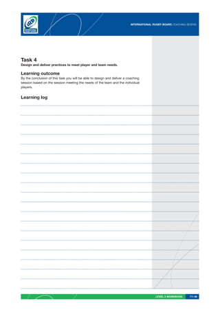 INTERNATIONAL RUGBY BOARD COACHING SEVENS




Task 4
Design and deliver practices to meet player and team needs.

Learning outcome
By the conclusion of this task you will be able to design and deliver a coaching
session based on the session meeting the needs of the team and the individual
players.


Learning log




                                                                                         LEVEL 2 WORKBOOK     PG 46
 