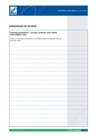 INTERNATIONAL RUGBY BOARD COACHING SEVENS




PRINCIPLES OF ATTACK

Gaining possession - scrums, lineouts, kick starts
and restarts only

Does your team gain possession or not? Make a difference between long and
short kick starts.




                                                                                  LEVEL 2 WORKBOOK     PG 54
 