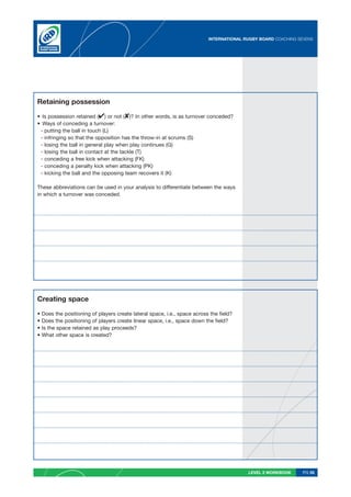 INTERNATIONAL RUGBY BOARD COACHING SEVENS




Retaining possession

• Is possession retained () or not ()? In other words, is as turnover conceded?
• Ways of conceding a turnover:
 - putting the ball in touch (L)
 - infringing so that the opposition has the throw-in at scrums (S)
 - losing the ball in general play when play continues (G)
 - losing the ball in contact at the tackle (T)
 - conceding a free kick when attacking (FK)
 - conceding a penalty kick when attacking (PK)
 - kicking the ball and the opposing team recovers it (K)

These abbreviations can be used in your analysis to differentiate between the ways
in which a turnover was conceded.




Creating space

•   Does the positioning of players create lateral space, i.e., space across the field?
•   Does the positioning of players create linear space, i.e., space down the field?
•   Is the space retained as play proceeds?
•   What other space is created?




                                                                                           LEVEL 2 WORKBOOK     PG 55
 