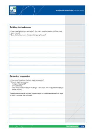 INTERNATIONAL RUGBY BOARD COACHING SEVENS




Tackling the ball carrier

• How many tackles were attempted? How many were completed and how many
  were missed?
• Does the tackle prevent the opposition going forward?




Regaining possession

• How many times does the team regain possession?
• Ways to regain possession:
 - from general play (GP)
 - at the tackle (T)
 - when the opposition infringe resulting in s scrum (S), line-out (L), free kick (FK) or
   penalty kick(PK).

These abbreviations can be used in your analysis to differentiate between the ways
in which a turnover was conceded.




                                                                                            LEVEL 2 WORKBOOK    PG 58
 