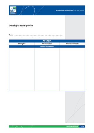 INTERNATIONAL RUGBY BOARD COACHING SEVENS




Develop a team profile



Team: . . . . . . . . . . . . . . . . . . . . . . . . . . . . . . . . . . . . . . . . . . . . . . . . . . . . . . . . . . . . . .



                                                                                 ATTACK
                      Strengths                                                 Weaknesses                                          Prioritised needs
                                                                           Gaining possession




                                                                                                                                    LEVEL 2 WORKBOOK    PG 59
 