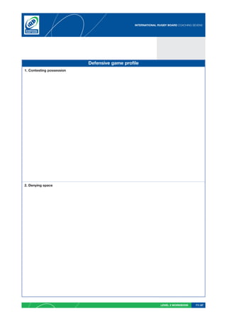 INTERNATIONAL RUGBY BOARD COACHING SEVENS




                           Defensive game profile
1. Contesting possession




2. Denying space




                                                              LEVEL 2 WORKBOOK     PG 67
 
