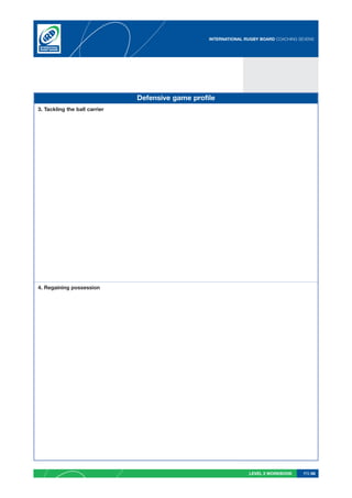 INTERNATIONAL RUGBY BOARD COACHING SEVENS




                               Defensive game profile
3. Tackling the ball carrier




4. Regaining possession




                                                                  LEVEL 2 WORKBOOK     PG 68
 