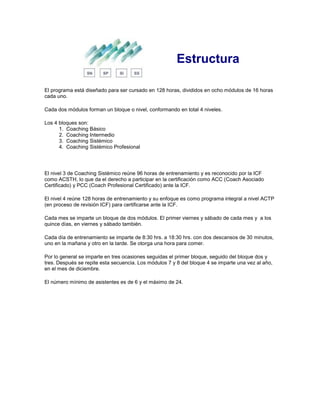 Estructura
El programa está diseñado para ser cursado en 128 horas, divididos en ocho módulos de 16 horas
cada uno.
Cada dos módulos forman un bloque o nivel, conformando en total 4 niveles.
Los 4 bloques son:
1. Coaching Básico
2. Coaching Intermedio
3. Coaching Sistémico
4. Coaching Sistémico Profesional
El nivel 3 de Coaching Sistémico reúne 96 horas de entrenamiento y es reconocido por la ICF
como ACSTH, lo que da el derecho a participar en la certificación como ACC (Coach Asociado
Certificado) y PCC (Coach Profesional Certificado) ante la ICF.
El nivel 4 reúne 128 horas de entrenamiento y su enfoque es como programa integral a nivel ACTP
(en proceso de revisión ICF) para certificarse ante la ICF.
Cada mes se imparte un bloque de dos módulos. El primer viernes y sábado de cada mes y a los
quince días, en viernes y sábado también.
Cada día de entrenamiento se imparte de 8:30 hrs. a 18:30 hrs. con dos descansos de 30 minutos,
uno en la mañana y otro en la tarde. Se otorga una hora para comer.
Por lo general se imparte en tres ocasiones seguidas el primer bloque, seguido del bloque dos y
tres. Después se repite esta secuencia. Los módulos 7 y 8 del bloque 4 se imparte una vez al año,
en el mes de diciembre.
El número mínimo de asistentes es de 6 y el máximo de 24.
 