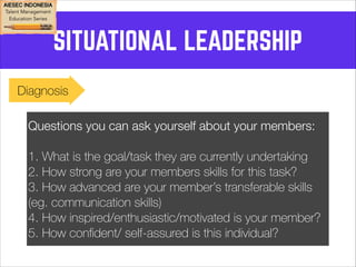 SITUATIONAL LEADERSHIP 
Diagnosis 
Questions you can ask yourself about your members: 
! 
1. What is the goal/task they are currently undertaking 
2. How strong are your members skills for this task? 
3. How advanced are your member’s transferable skills 
(eg. communication skills) 
4. How inspired/enthusiastic/motivated is your member? 
5. How confident/ self-assured is this individual? 
 