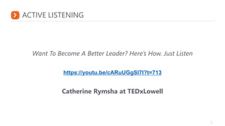 ACTIVE LISTENING
Want To Become A Better Leader? Here’s How. Just Listen
https://youtu.be/cARuUGgSl7I?t=713
Catherine Rymsha at TEDxLowell
 