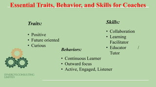 Essential Traits, Behavior, and Skills for Coaches
Traits:
• Positive
• Future oriented
• Curious
Skills:
• Collaboration
• Learning
Facilitator
• Educator /
Tutor
Behaviors:
• Continuous Learner
• Outward focus
• Active, Engaged, Listener
 
