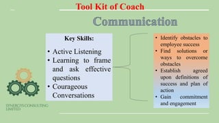 Tool Kit of Coach
Key Skills:
• Active Listening
• Learning to frame
and ask effective
questions
• Courageous
Conversations
• Identify obstacles to
employee success
• Find solutions or
ways to overcome
obstacles
• Establish agreed
upon definitions of
success and plan of
action
• Gain commitment
and engagement
 