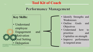 Tool Kit of Coach
Key Skills:
• Understand
employee
Engagement and
Motivation
• Goal Setting
• Delegation
• Identify Strengths and
Weaknesses
• Outline Goals and
Objectives
• Understand how to
prioritize and
Capitalize on strength
• Improve performance
in targeted areas
 